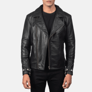 Men's Slim Fit Biker Jacket in black real sheepskin leather with zipper and snap button cuffs