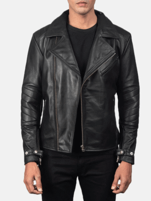 Men's Slim Fit Biker Jacket in black real sheepskin leather with zipper and snap button cuffs