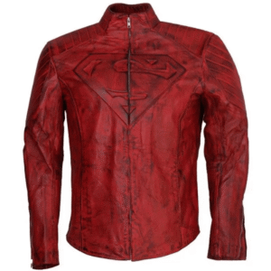 Men's Superman Jacket in red waxed leather with Superman 'S' logo and zippered collar