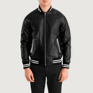 Black leather varsity jacket with varsity collar, rib-knit cuffs, and welted waist pockets