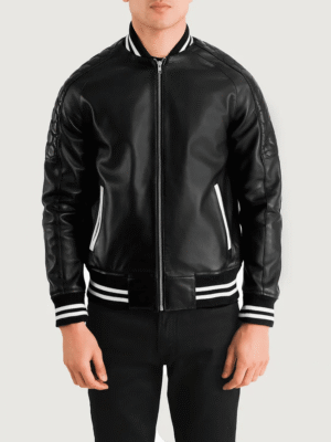 Black leather varsity jacket with varsity collar, rib-knit cuffs, and welted waist pockets