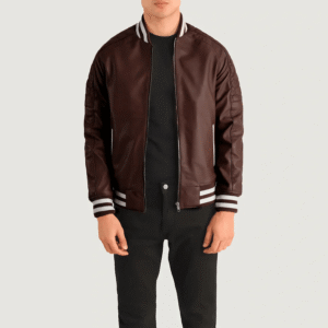 Maroon leather varsity jacket with varsity collar, rib-knit cuffs, and welted waist pockets