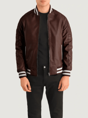 Maroon leather varsity jacket with varsity collar, rib-knit cuffs, and welted waist pockets