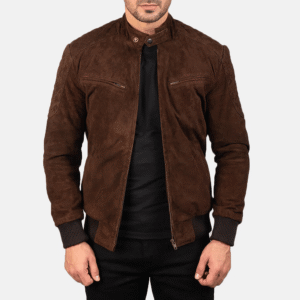 Sven Mocha suede bomber jacket made from real goatskin leather, featuring rib-knit cuffs, snap button collar, and four outer pockets