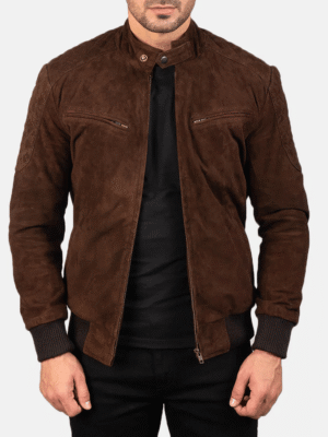 Sven Mocha suede bomber jacket made from real goatskin leather, featuring rib-knit cuffs, snap button collar, and four outer pockets