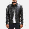 Ranchson Black Leather Shirt – Sheepskin Button-Up Shirt for Men Ranchson Black Leather Shirt made from sheepskin leather with button-up closure, shirt collar, and quilted inner lining