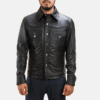 Ranchson Black Leather Shirt – Sheepskin Button-Up Shirt for Men (2) Ranchson Black Leather Shirt made from sheepskin leather with button-up closure, shirt collar, and quilted inner lining