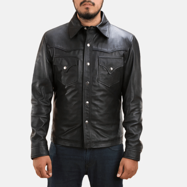 Ranchson Black Leather Shirt made from sheepskin leather with button-up closure, shirt collar, and quilted inner lining