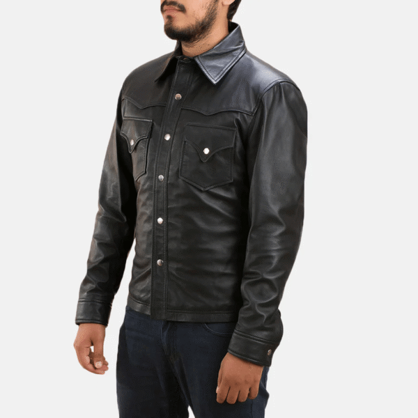 Ranchson Black Leather Shirt – Sheepskin Button-Up Shirt for Men - Image 3