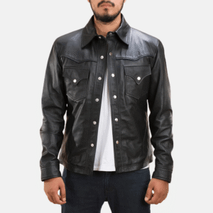 Ranchson Black Leather Shirt made from sheepskin leather with button-up closure, shirt collar, and quilted inner lining