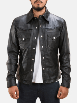 Ranchson Black Leather Shirt made from sheepskin leather with button-up closure, shirt collar, and quilted inner lining