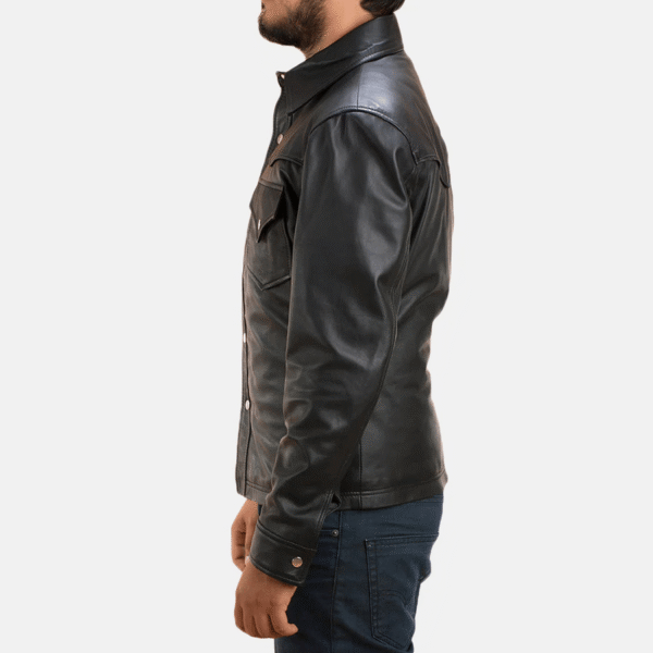 Ranchson Black Leather Shirt – Sheepskin Button-Up Shirt for Men - Image 4