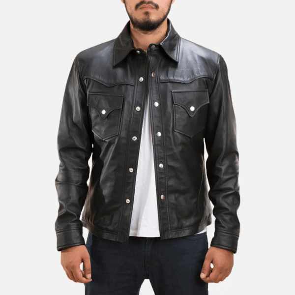 Ranchson Black Leather Shirt made from sheepskin leather with button-up closure, shirt collar, and quilted inner lining