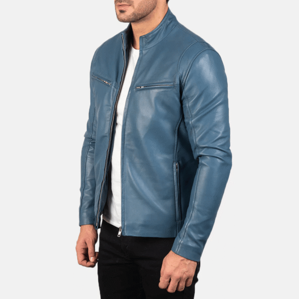 Stylish Blue Leather Biker Jacket - Image 2