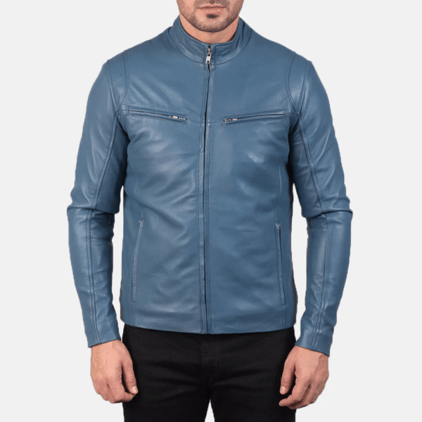 Stylish Blue Leather Biker Jacket - Image 3