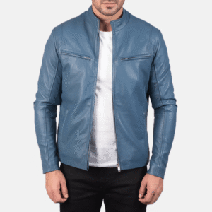 Stylish blue leather biker jacket with band collar and zipper closure