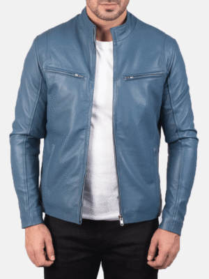Stylish blue leather biker jacket with band collar and zipper closure