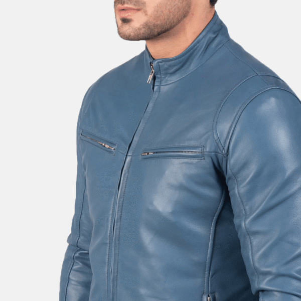 Stylish Blue Leather Biker Jacket - Image 5