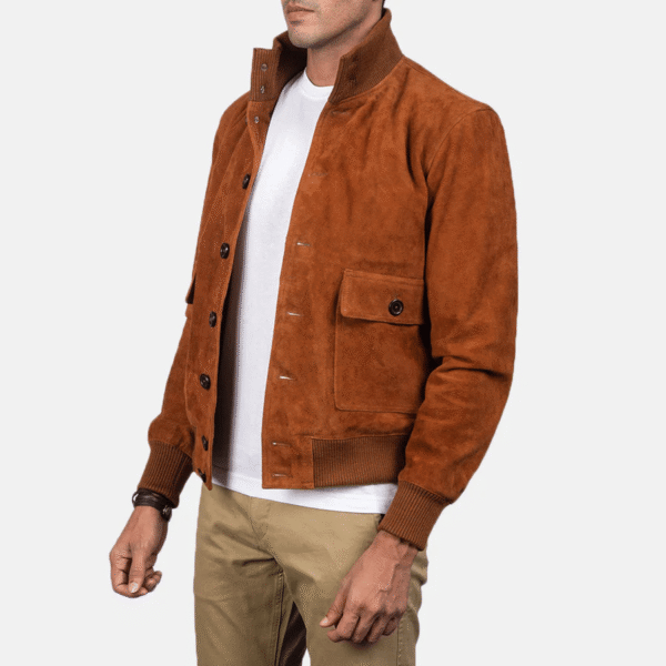 Stylish Brown Suede Bomber Jacket - Image 2