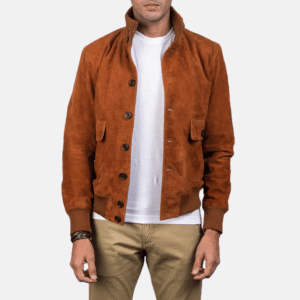 Men’s Brown Suede Bomber Jacket with button closure and ribbed collar
