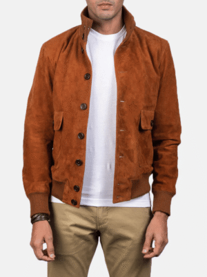 Men’s Brown Suede Bomber Jacket with button closure and ribbed collar