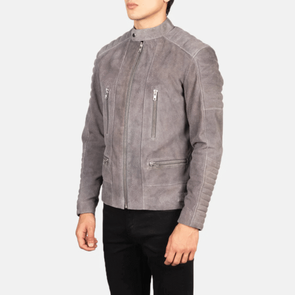Men’s Grey Suede Biker Jacket with zipper closure and adjustable waist straps