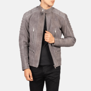Men’s Grey Suede Biker Jacket with zipper closure and adjustable waist straps