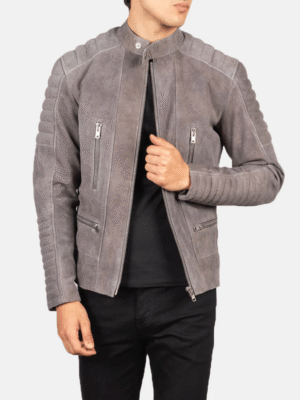Men’s Grey Suede Biker Jacket with zipper closure and adjustable waist straps