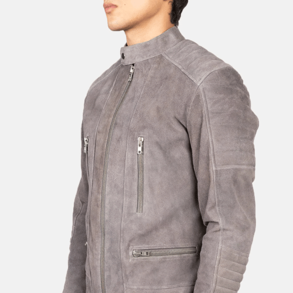 Stylish Grey Suede Biker Jacket for Men - Image 4