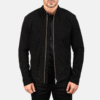 Black suede biker jacket with mandarin collar and dual zipper closure