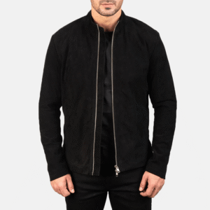 Black suede biker jacket with mandarin collar and dual zipper closure