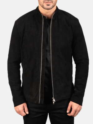 Black suede biker jacket with mandarin collar and dual zipper closure