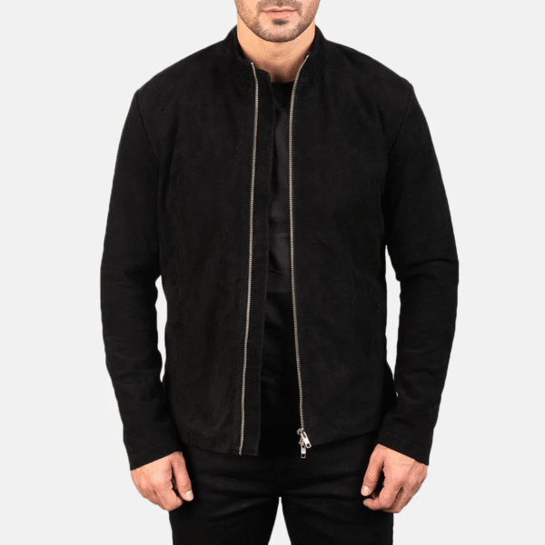 Black suede biker jacket with mandarin collar and dual zipper closure