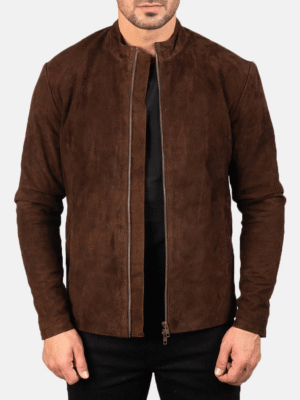 Ultimate Stylish Charcoal Mocha Suede Biker Jacket made from premium goatskin leather with mandarin collar, zipper cuffs, and quilted polyester lining