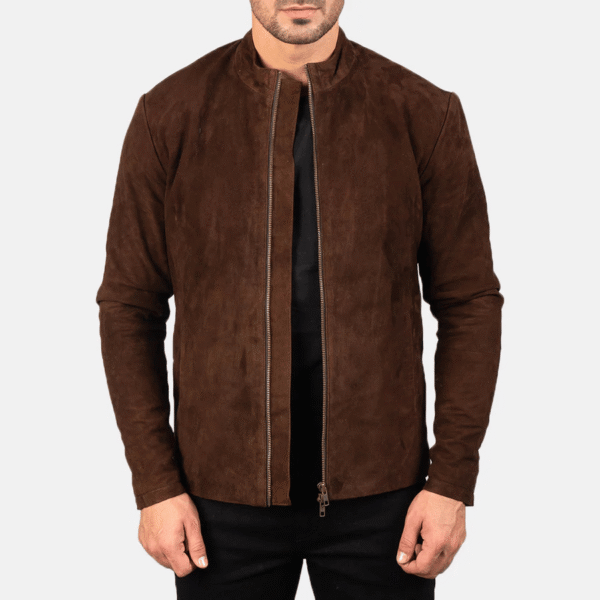 Ultimate Stylish Charcoal Mocha Suede Biker Jacket made from premium goatskin leather with mandarin collar, zipper cuffs, and quilted polyester lining
