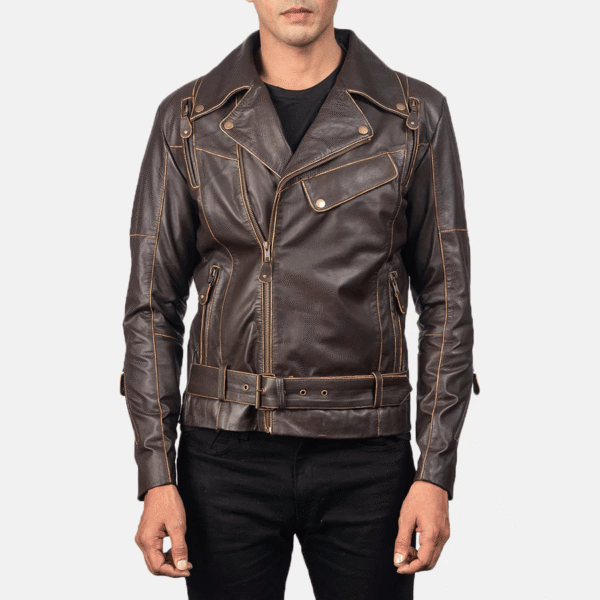 Vincent Brown Leather Biker Jacket - Image 3