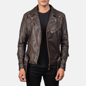 Vincent brown leather biker jacket with six air vents and zipper closure