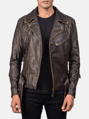 Vincent brown leather biker jacket with six air vents and zipper closure