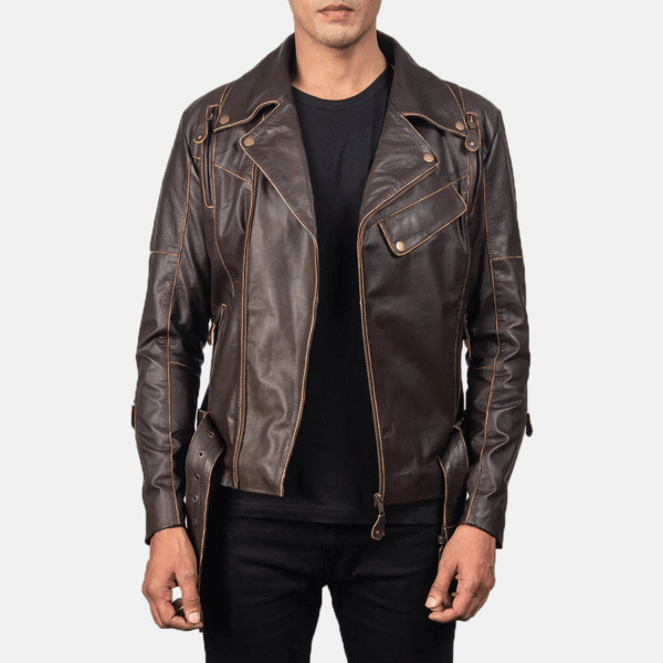 Vincent brown leather biker jacket with six air vents and zipper closure
