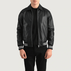 Black leather varsity jacket with shirt collar, rib-knit cuffs, and quilted lining