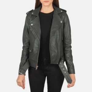 women’s Alison green biker leather jacket with notch collar, belt, and zippered pockets
