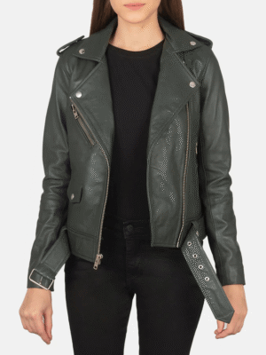 women’s Alison green biker leather jacket with notch collar, belt, and zippered pockets