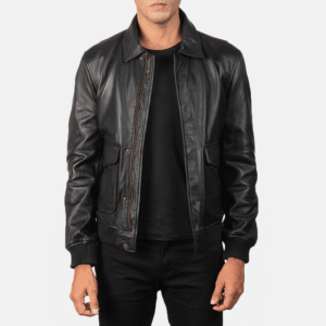 Men’s black A2 flight bomber jacket in sheepskin leather with shirt collar and button flap closure