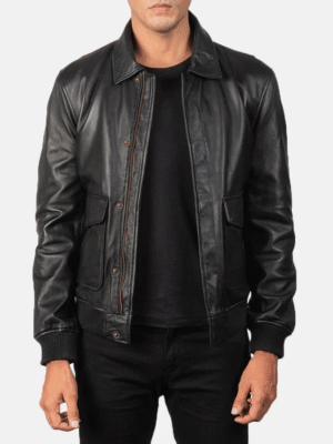 Men’s black A2 flight bomber jacket in sheepskin leather with shirt collar and button flap closure