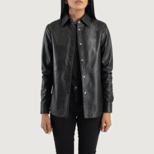 Black Leather Shirt Jacket – Sheepskin with Leather Buttons and Shirt Collar