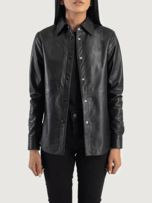 Black Leather Shirt Jacket – Sheepskin with Leather Buttons and Shirt Collar