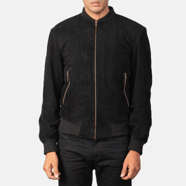 Black Suede Bomber Jacket - Image 3