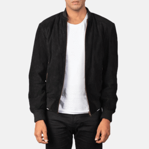 Black suede bomber jacket with varsity collar and rib-knit cuffs
