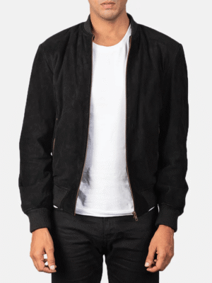 Black suede bomber jacket with varsity collar and rib-knit cuffs