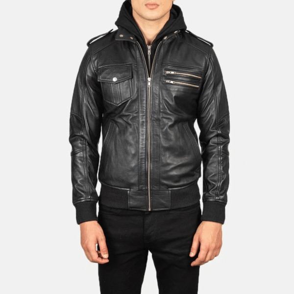 Bravado Black Hooded Leather Bomber Jacket - Image 3